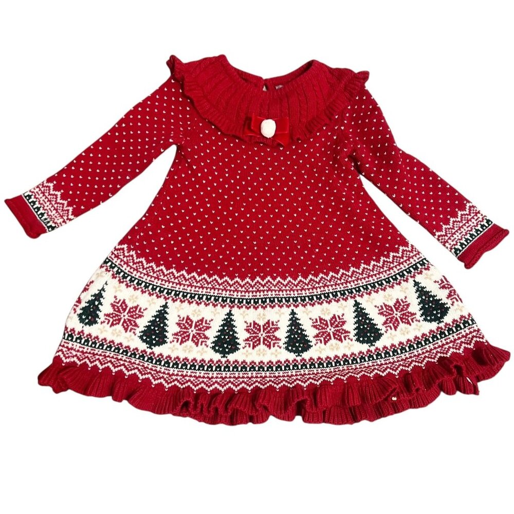 Tahari Baby Sweater Dress Girls Size 24M Red White Green Fair Isle Christmas